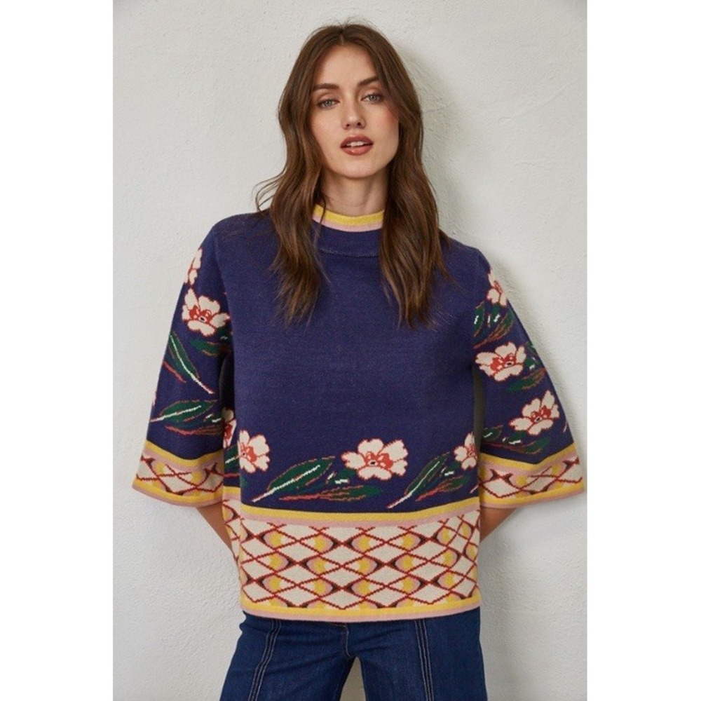 Fate Navy Jacquard Mock Neck Sweater 3/4r Sleeve Knit Floral Anthropologie